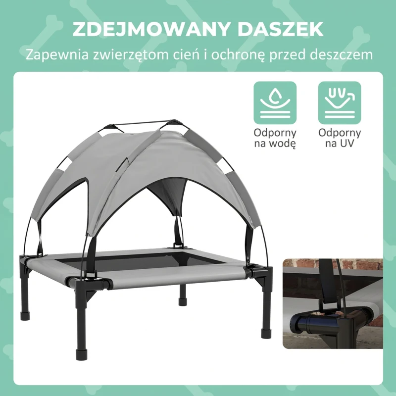 Podwyższone legowisko dla psa z daszkiem, na zewnątrz