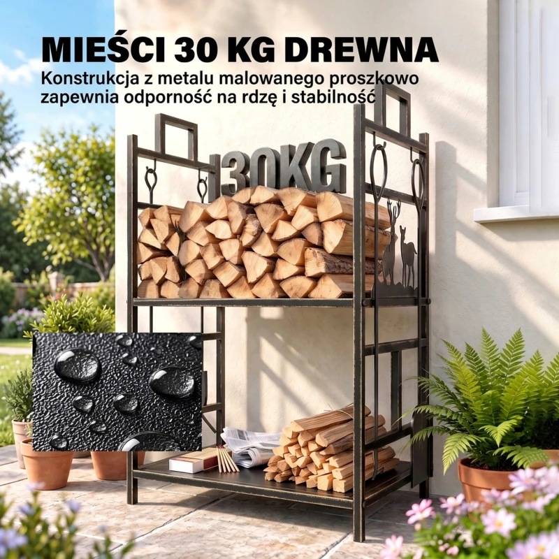 Stojak na drewno kominkowe Outsunny z zestawem narzędzi kominkowych, regał na drewno kominkowe, żelazo, złote, 51,5x33x77 cm