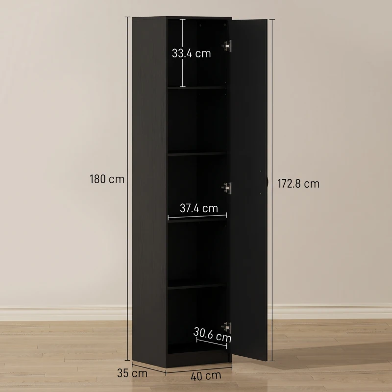 HOMCOM Credenza Cucina Alta Slim 180 cm, Mobile Dispensa a 5 Ripiani con Anta Soft Close, Antiribaltamento, Nero