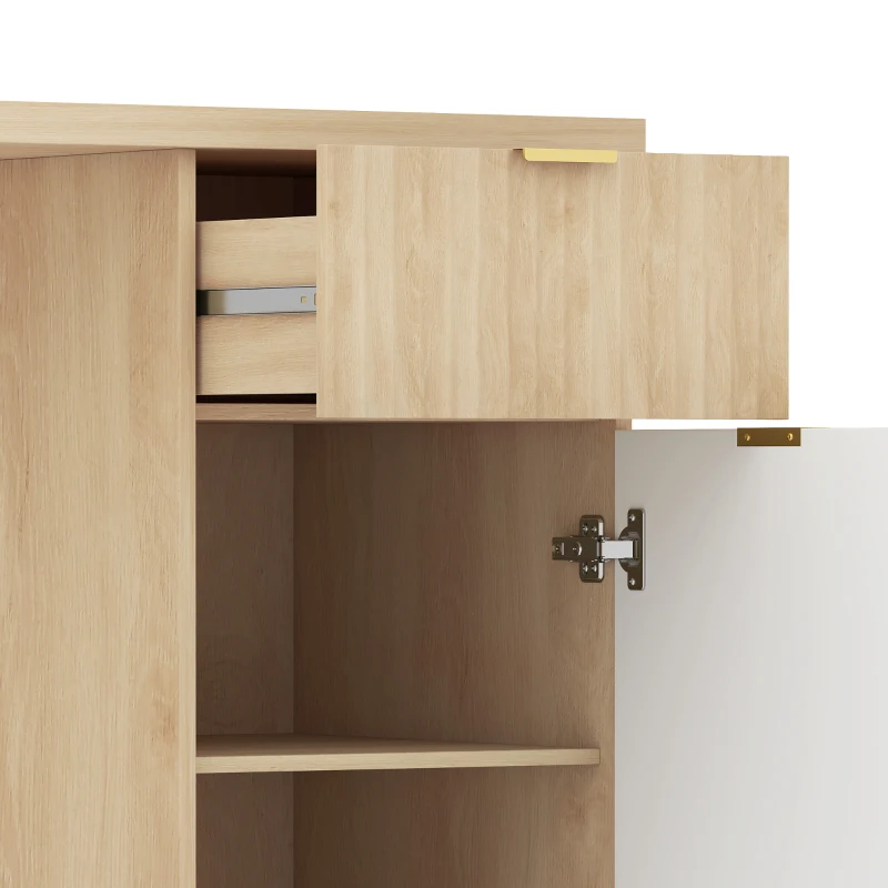 HOMCOM Escritorio Reversible 120 cm con Cajón Armario Balda Ajustable y Tablero Grueso para Espacios Pequeños Oficina Roble