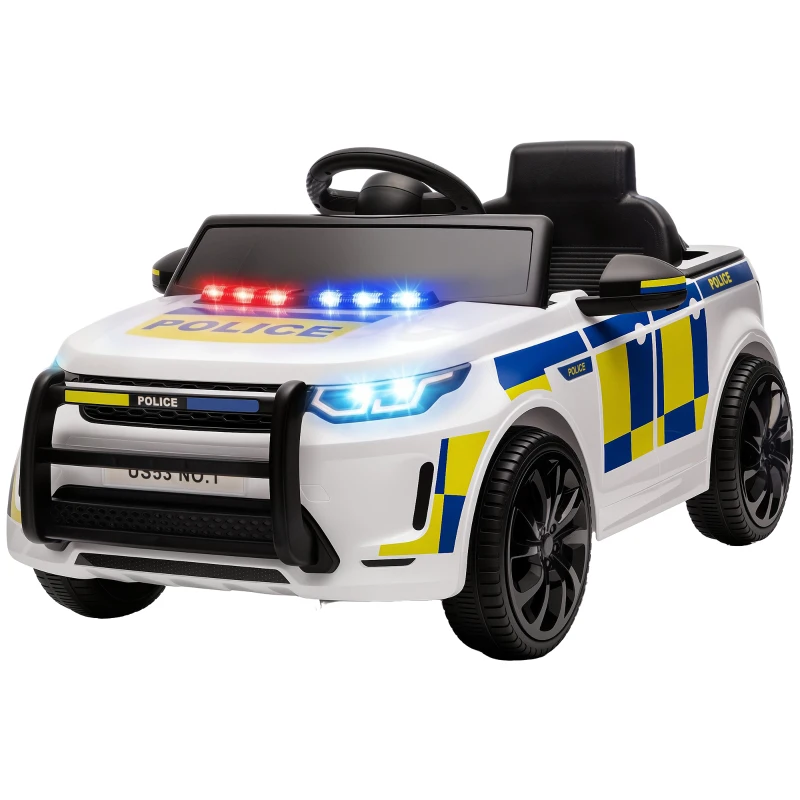 AIYAPLAY Auto elettrica della polizia 12 V per bambini con telecomando, sirena e luci, bianco