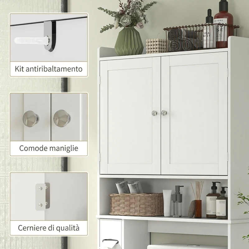 HOMCOM Mobile Sopra WC con Armadietto a 2 Ante e Ripiani Aperti, 80x19.5x170 cm, per Bagno e Lavanderia, Bianco