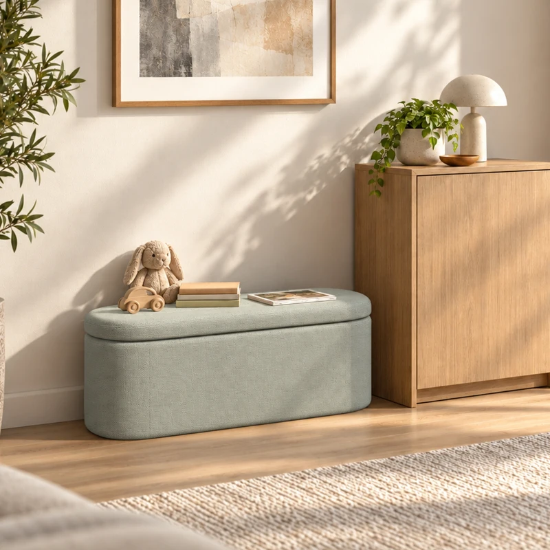 HOMCOM Banco de Almacenaje Puff Almacenaje Tapizado en Lino Tapa Cierre Suave Diseño Ovalado Carga 220 kg 116x42x44 cm Gris