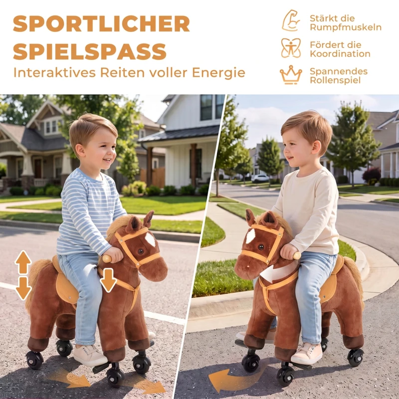 AIYAPLAY Schaukelpferd, Plüsch-Reitpferd mit Huf- und Wiehergeräuschen, Rollen/Pedale, 3–8 Jahre, bis 50 kg, Dunkelbraun