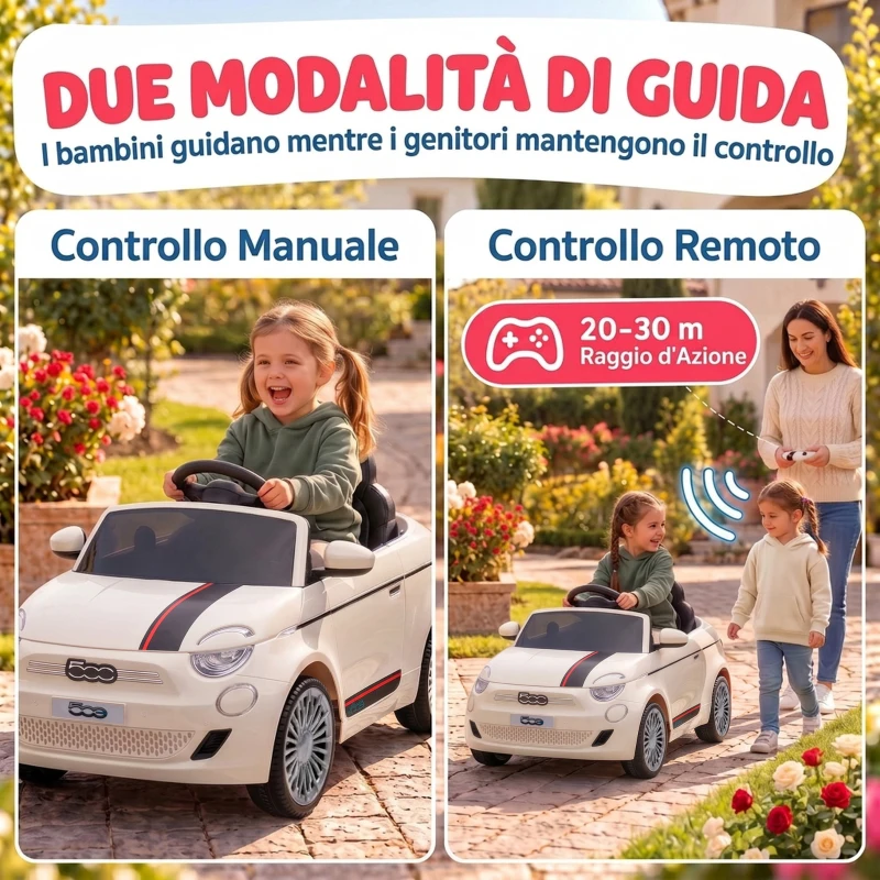 AIYAPLAY Macchina Elettrica per Bambini 12V Fiat 500, Batteria al Litio, 2 Motori, Telecomando, 3-6 Anni, Crema
