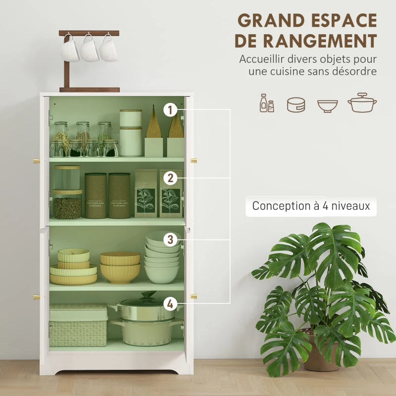 HOMCOM Buffet cuisine, meuble cuisine rangement avec 4 portes cintrées et 2 étagères réglables, 60 x 30 x 110 cm, blanc(m-5)