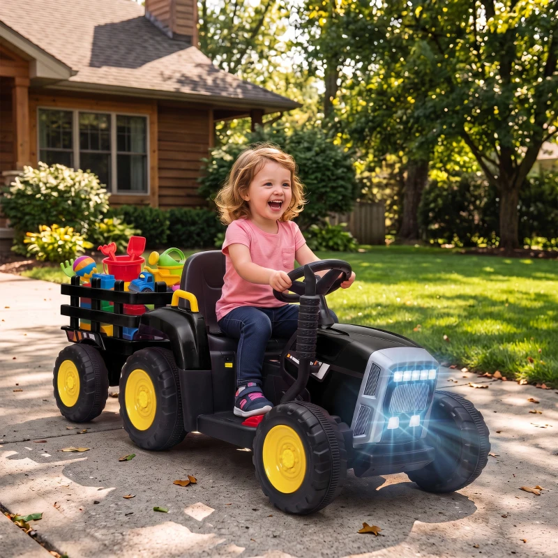 HOMCOM 12V Kids Ride on Tractor with Detachable Trailer, Remote, Soft Start, Seat Belt, Music, USB, Horn, Lights for 3-6, Black