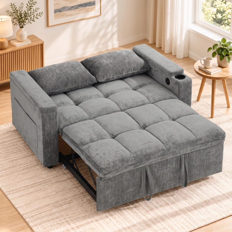 HOMCOM Schlafsofa 2 Sitzer mit verstellbarer Rückenlehne Schlafcouch mit 2 Kissen 136x190 cm Grau