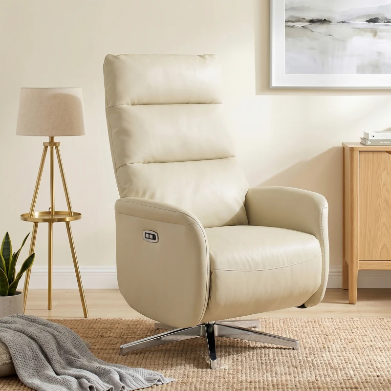 HOMCOM Poltrona Relax Elettrica Reclinabile 160° Girevole con Poggiapiedi, Presa USB e Type-C, in Pelle PU, Beige