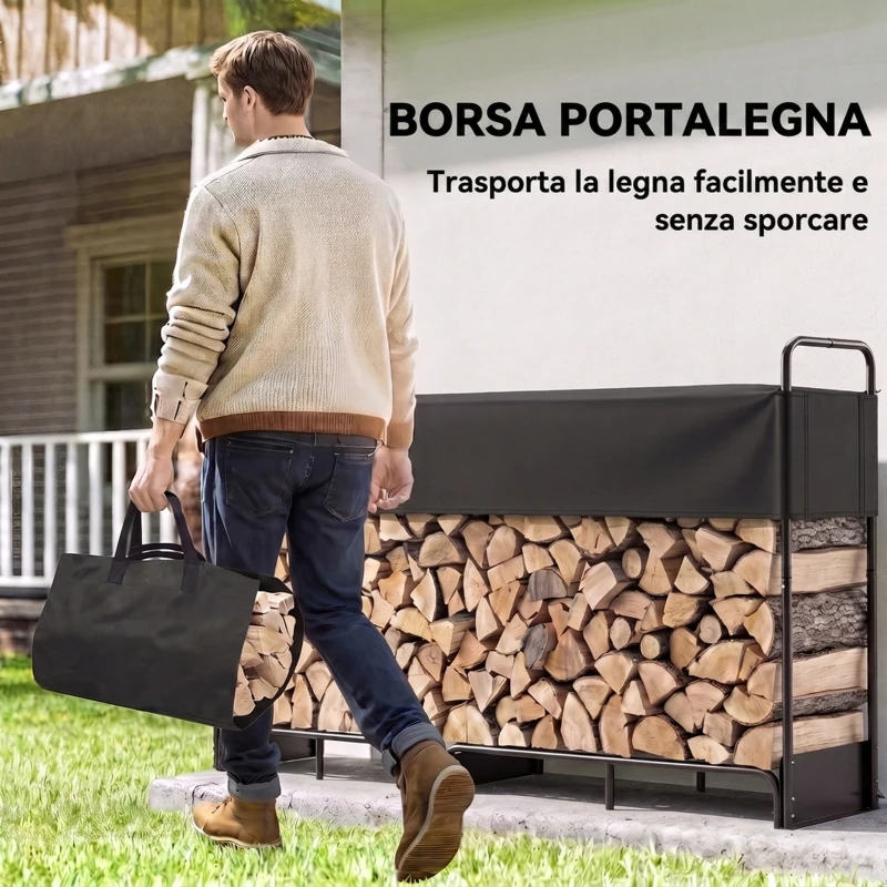 Outsunny Portalegna da Interno ed Esterno in Acciaio Zincato con Copertura e Borsa in Oxford 600D, Portata 500 kg, Nero