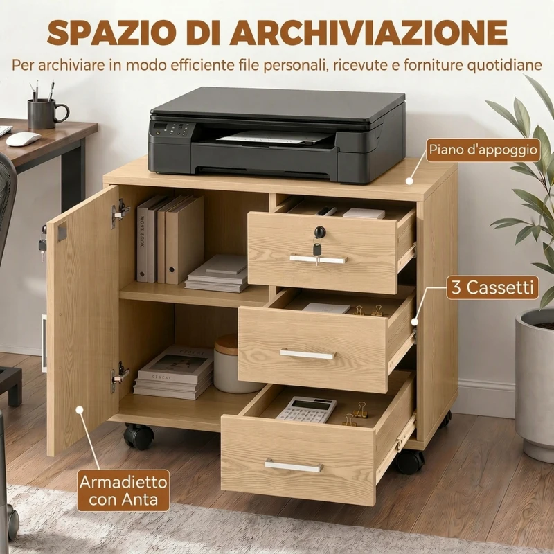 HOMCOM Schedario per Ufficio con 3 Cassetti e Armadietto con 3 Ripiani Regolabili, in Legno, 60x40x56 cm, Marrone Chiaro