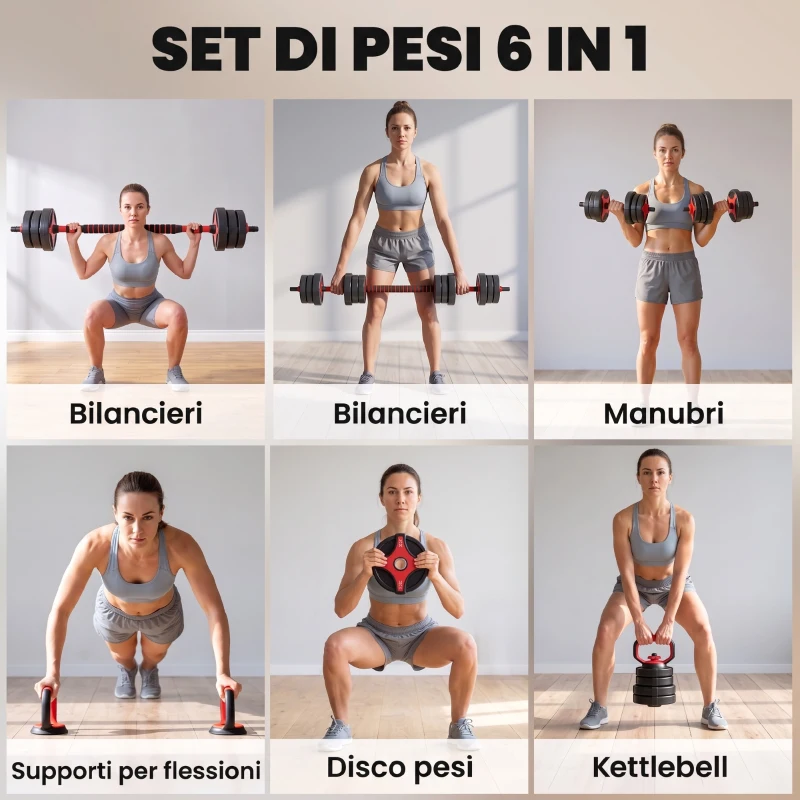 SPORTNOW Set Manubri Regolabili 5 in 1 da 30kg Totali, Set Pesi Palestra Utilizzabile come Kettlebell, Nero e Rosso