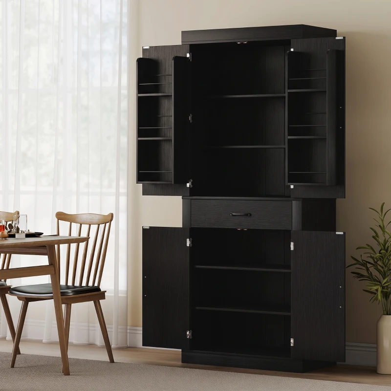 HOMCOM Dispensa Cucina in stile Country con 2 Armadietti, 6 Ripiani e Cassetto, in Legno, 76x39.5x183.5 cm, Nero