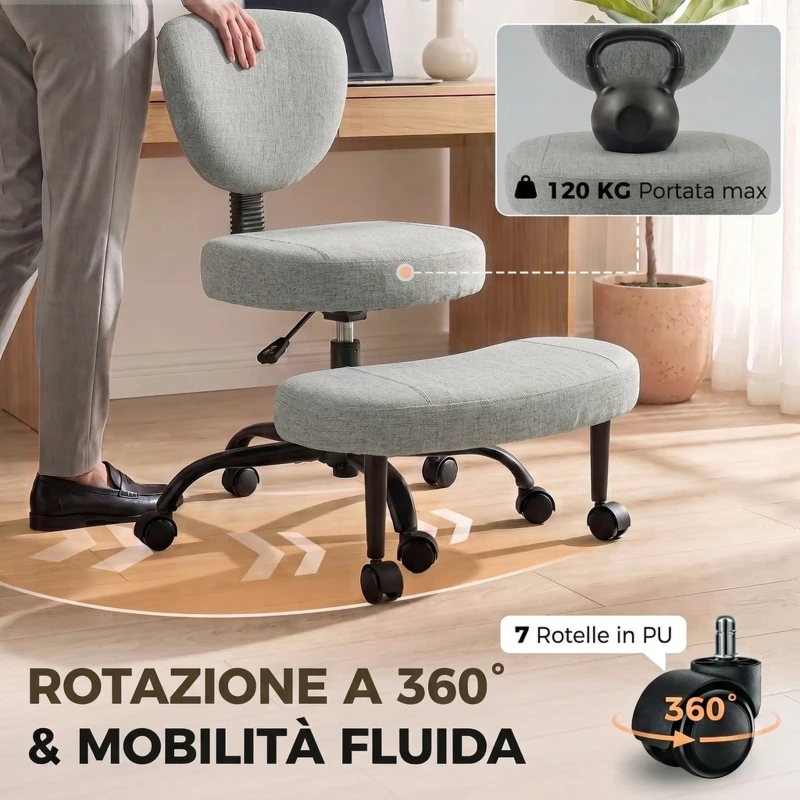 HOMCOM Sedia Ufficio Girevole con Poggiapiedi Rimovibile, Tessuto Effetto Lino, Altezza Regolabile, Grigio Chiaro