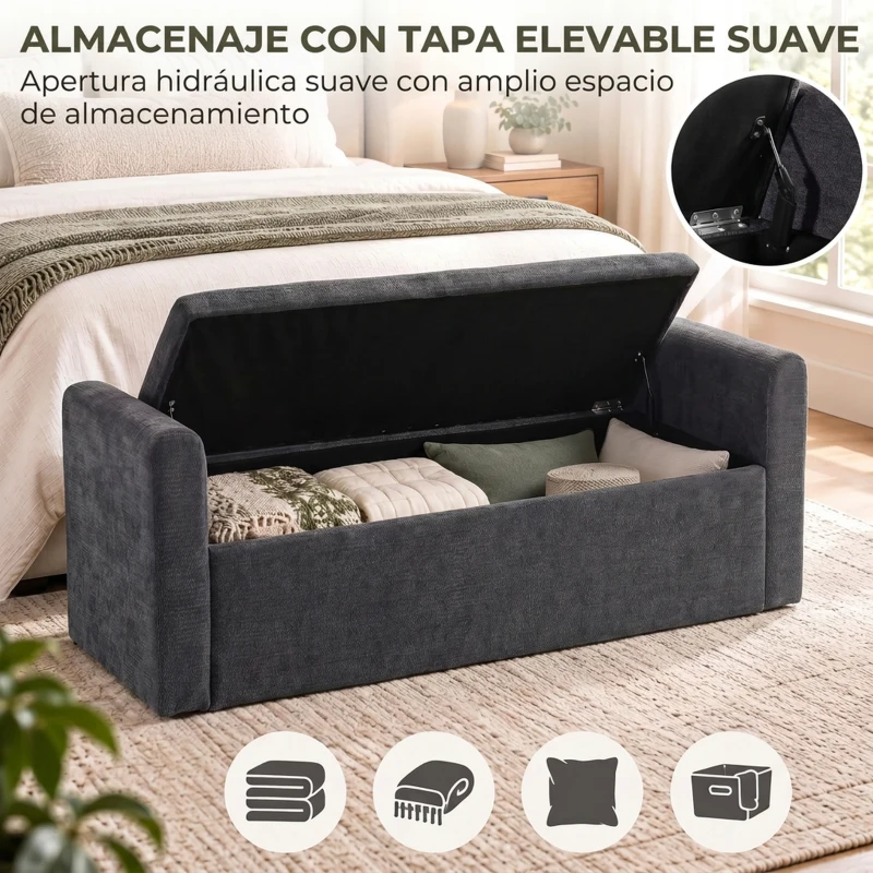 HOMCOM Banco de Almacenaje de Chenilla con Reposabrazos y Cojines Tapa Hidráulica Carga 220 kg 137x45x51 cm, Gris Oscuro