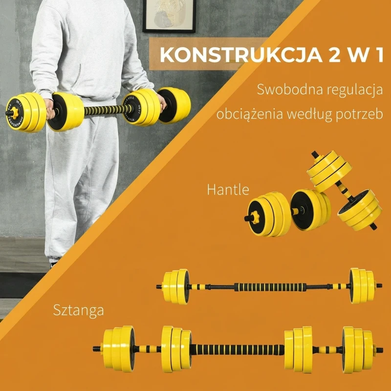 HOMCOM 25 kg Zestaw Hantli i Sztangi, Ergonomiczny Zestaw Hantli 3-w-1, 12 × Płytki, 2 × Krótkie Sztangi, 1 × Długa Sztanga, Żółty+Czarny