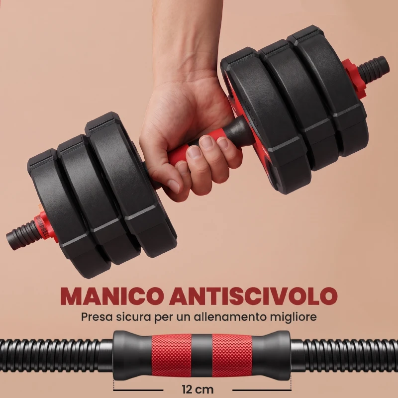 SPORTNOW Set Manubri Regolabili 5 in 1 da 25kg Totali, Set Pesi Palestra Utilizzabile come Kettlebell, Nero e Rosso