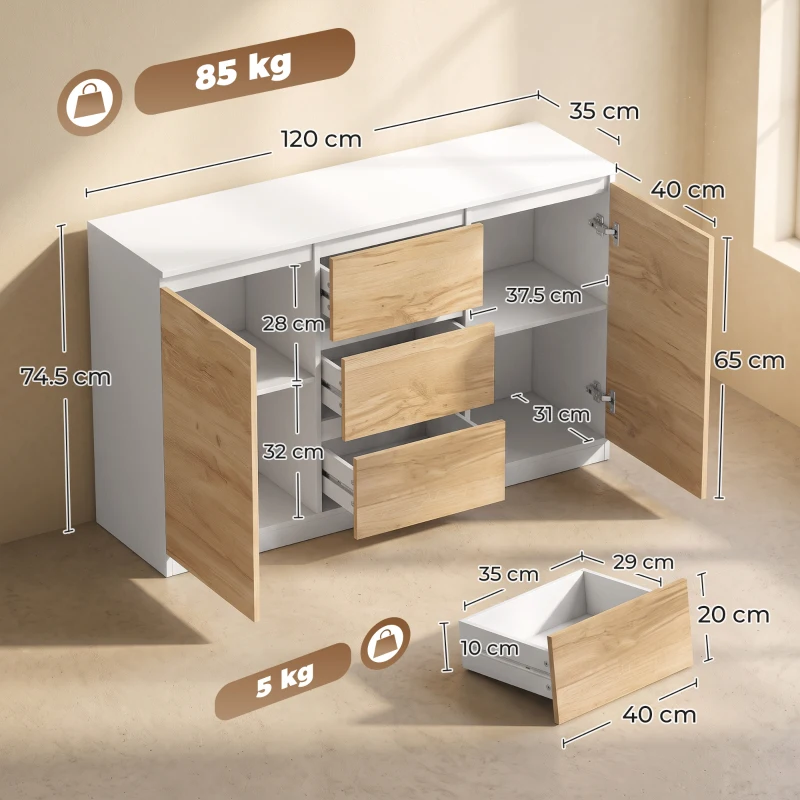 HOMCOM Aparador com 2 Portas e 3 Gavetas, Móvel de TV até 55 Polegadas, 120x35x74,5 cm, Branco e Carvalho