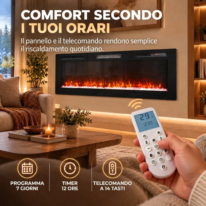 HOMCOM Camino Elettrico da Incasso, Parete e Terra Slim 153 cm con Telecomando, 900/1800W, Timer, 35㎡, Nero