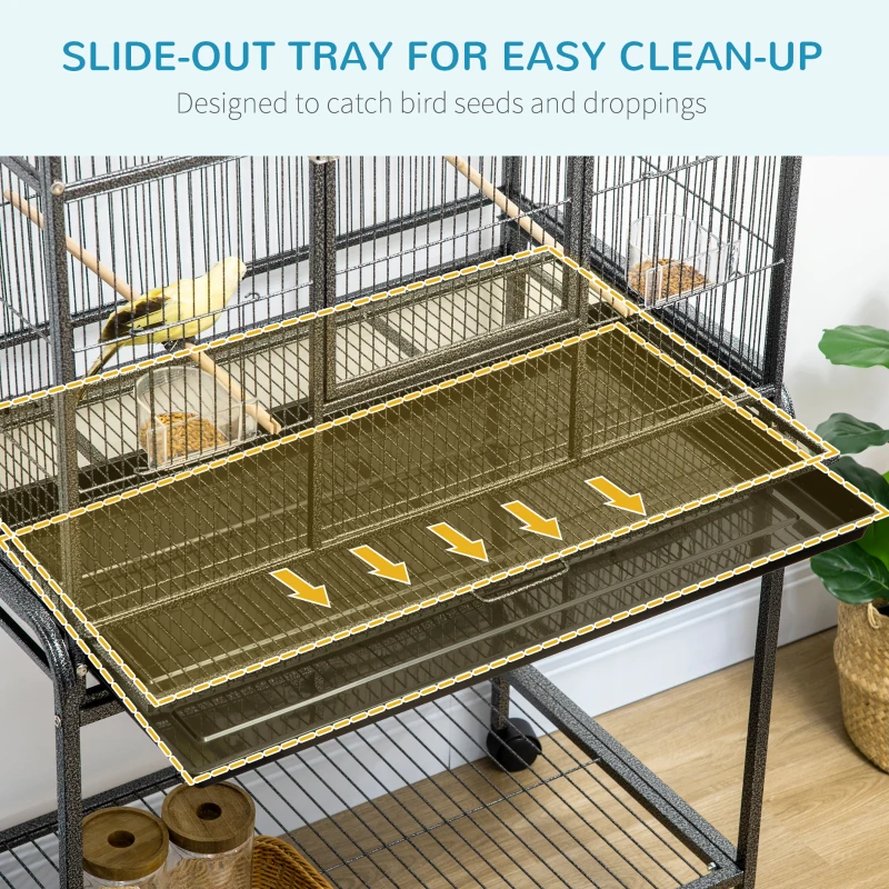 PawHut Large Bird Cage Budgie Cage with Stand, Storage Shelf, Wood Perch for Parrot, 81 x 48 x 162.5 cm, Black