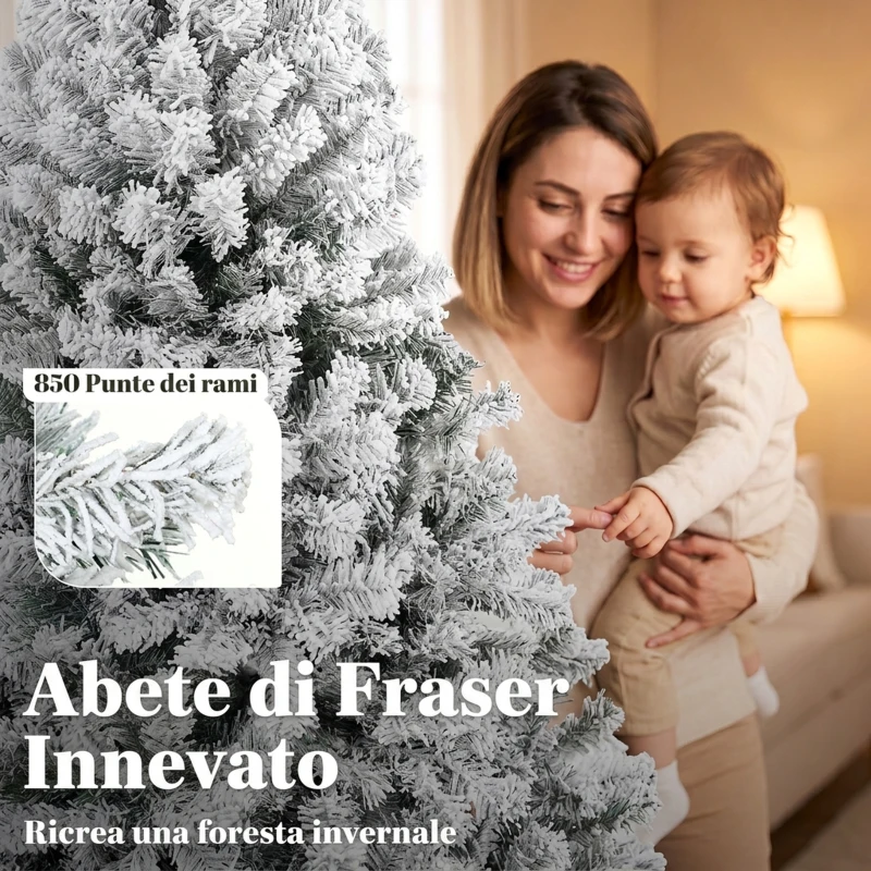 HOMCOM Albero di Natale Innevato 200cm con Luci LED 240 Bianco Caldo, 850 Rami, Base Pieghevole, Bianco e Verde