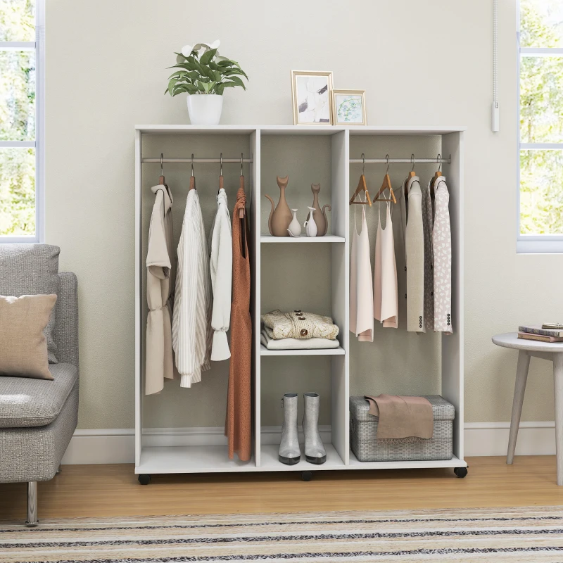 HOMCOM Armoire penderie meuble de rangement mobile 6 roulettes 120 x 40 x 128 cm en bois blanc