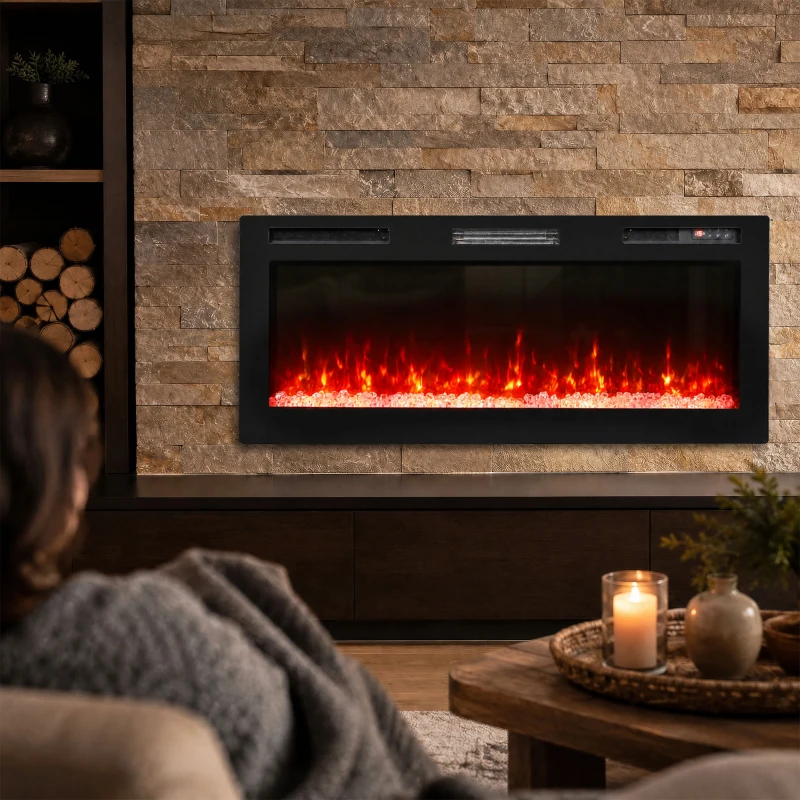HOMCOM 127 cm Camino Elettrico da Incasso/Parete/Terra Ultrasottile 8.3 cm con Telecomando, 900/1800W, Timer, 35㎡ Nero
