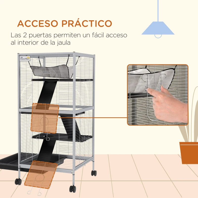 PawHut Jaula para Animales Pequeños con Ruedas 2 Puertas 3 Rampas Hamaca Colgante y Bandeja Extraíble 52x52x113,5cm Gris