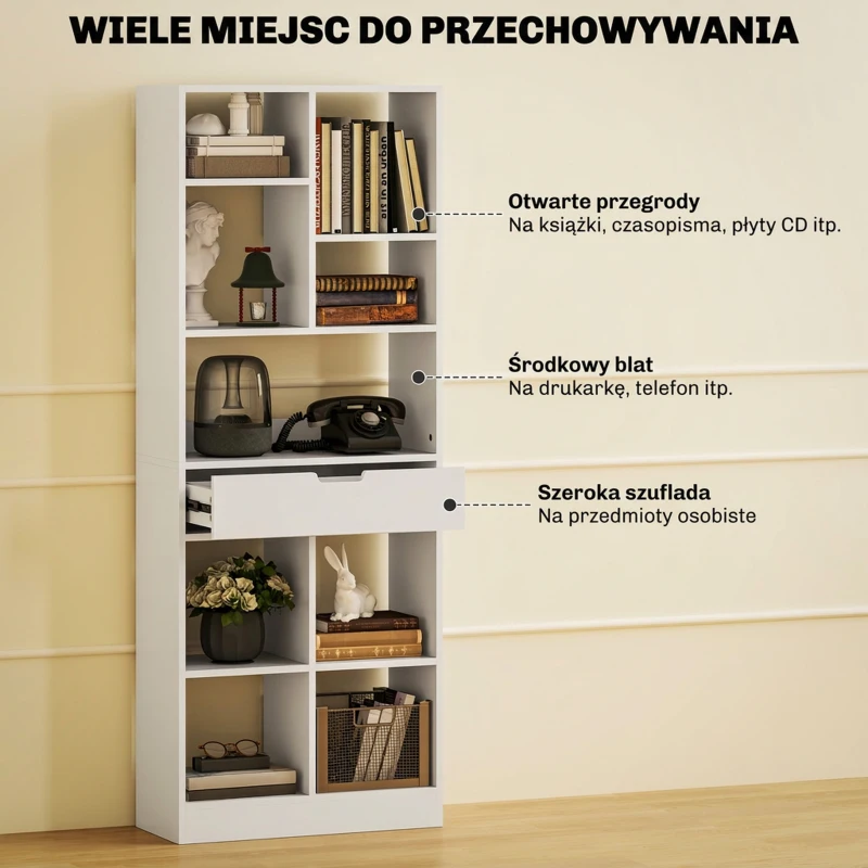 Regał na książki z 9 półkami i szufladą, biały