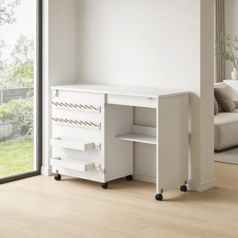 HOMCOM Mobile per Macchina da Cucire Pieghevole con 2 Contenitori, Mensola Inferiore, 18 Pioli per Bobine, Ruote, Bianco