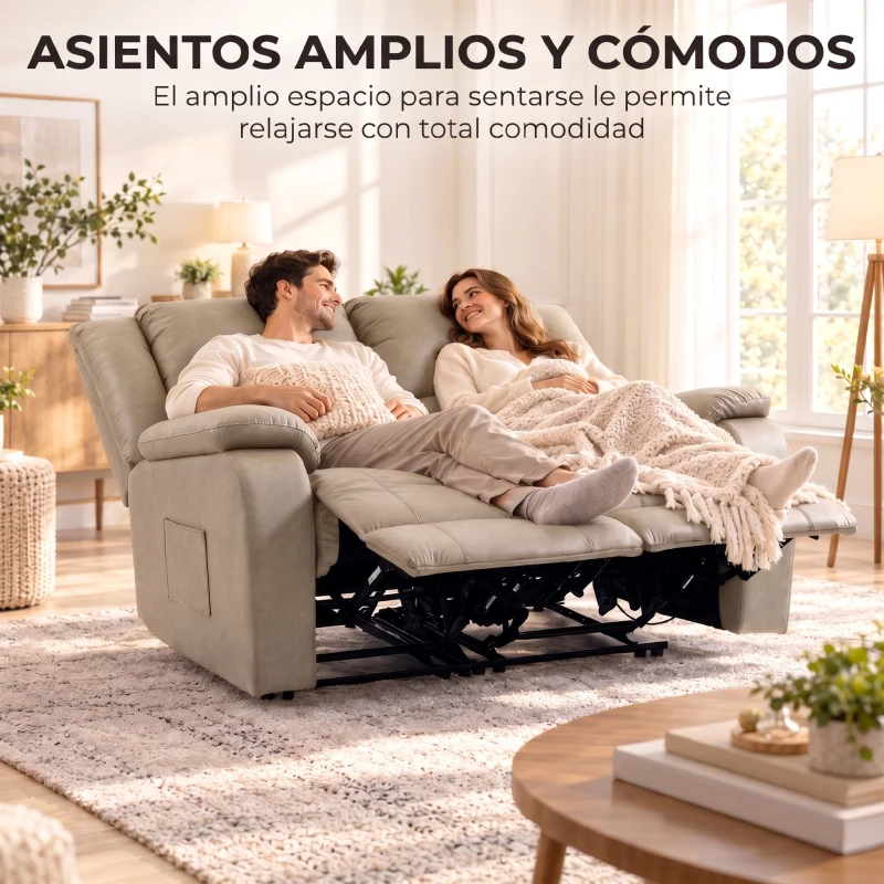 HOMCOM Sillón 2 Plazas Relax Reclinable Manual Ajuste Separado hasta 155º Sillón Relax de PU Reposapiés y Asiento Amplio Caqui