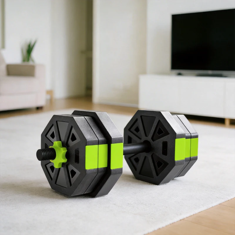 SPORTNOW Set Pesi da Palestra 6 in 1 da 20kg Totali in Plastica e Sabbia, Bilanciere e Supporto per Flessioni, Verde