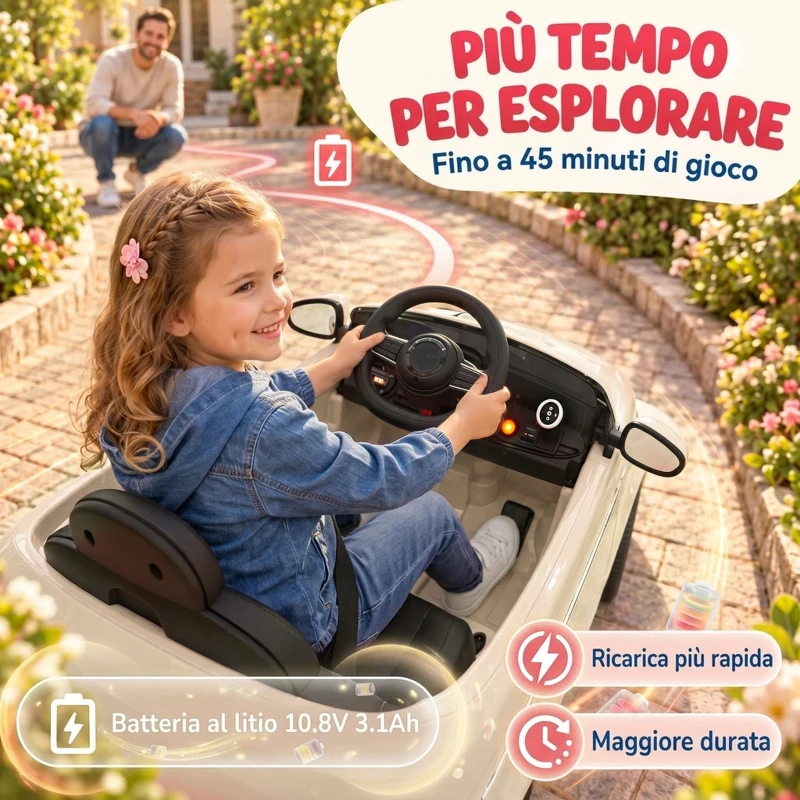 AIYAPLAY Macchina Elettrica per Bambini 12V Fiat 500, Batteria al Litio, 2 Motori, Telecomando, 3-6 Anni, Crema