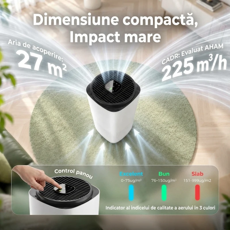 HOMCOM Purificator de Aer Smart cu Aplicație, WiFi, pentru 27 m², Filtru HEPA, CADR 225 m³/h, 28 dB