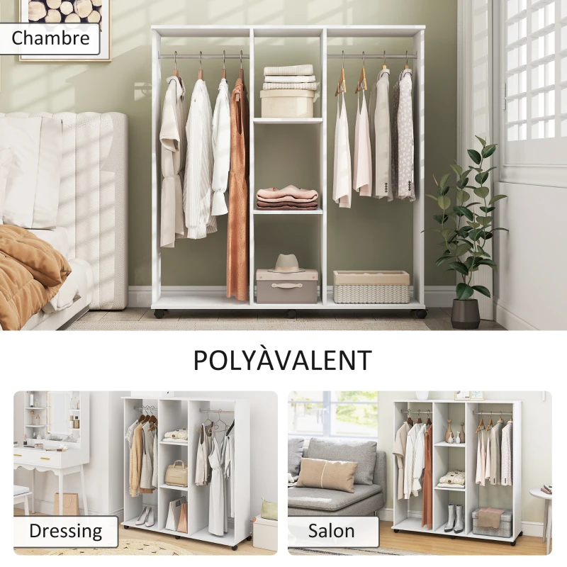 HOMCOM Armoire penderie meuble de rangement mobile 6 roulettes 120 x 40 x 128 cm en bois blanc