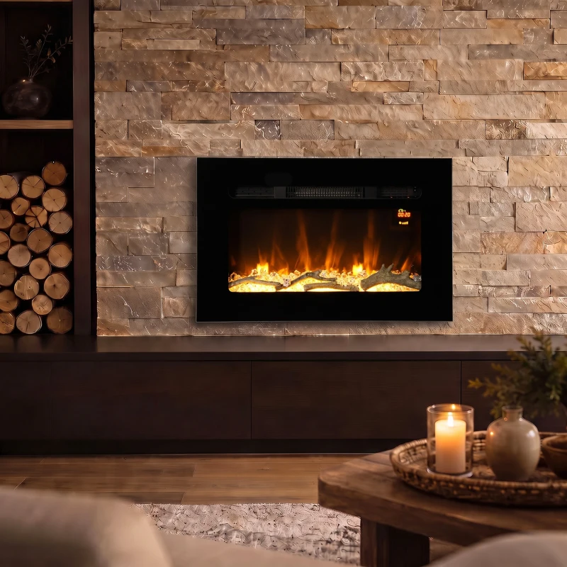 HOMCOM Camino Elettrico da Parete/Incasso 66cm 1800W Riscaldamento, 3 Colori Fiamma 3D, 5 Luminosità, 40㎡ Nero