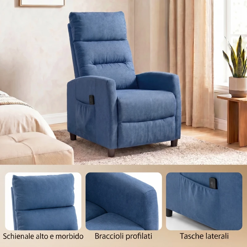 HOMCOM Poltrona Massaggiante e Reclinabile a 160° con Poggiapiedi e Telecomando, 66x91x108 cm, in Ciniglia Blu Scuro