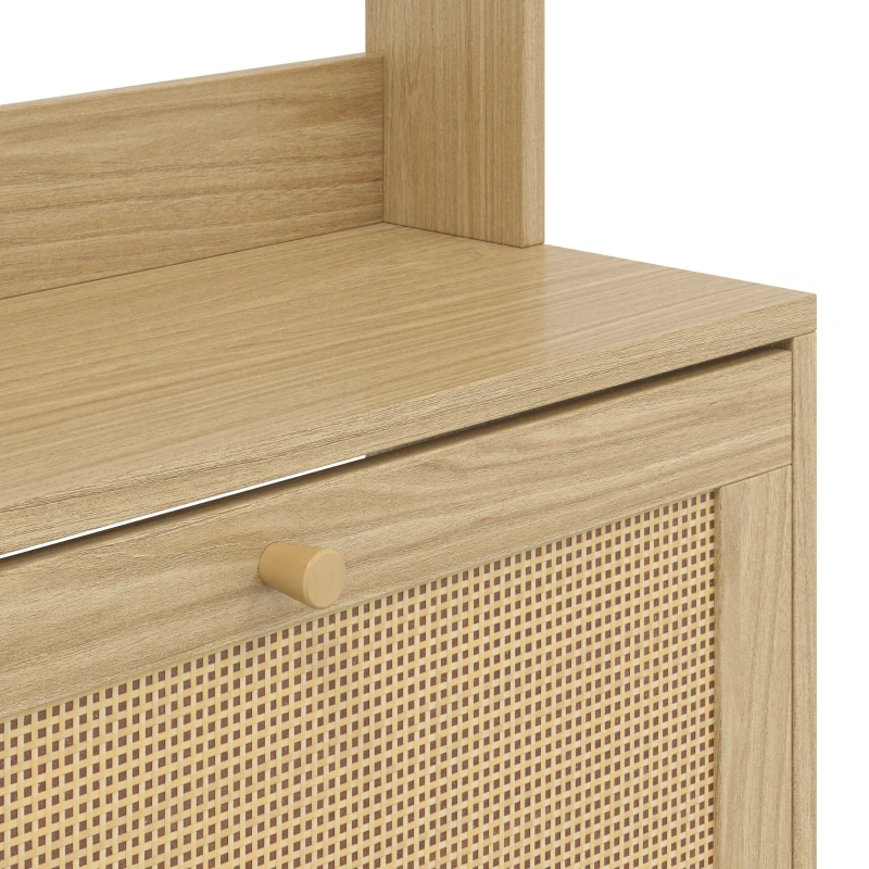 HOMCOM Porte-Manteau 2 en 1, Meuble d'Entrée avec Meuble à Chaussures, Portes Effet Rotin et 8 Crochets, Bois Naturel