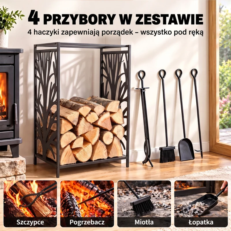 Stojak na drewno kominkowe z akcesoriami kominkowymi wysoka półka na drewno opałowe półka na drewno opałowe stalowy