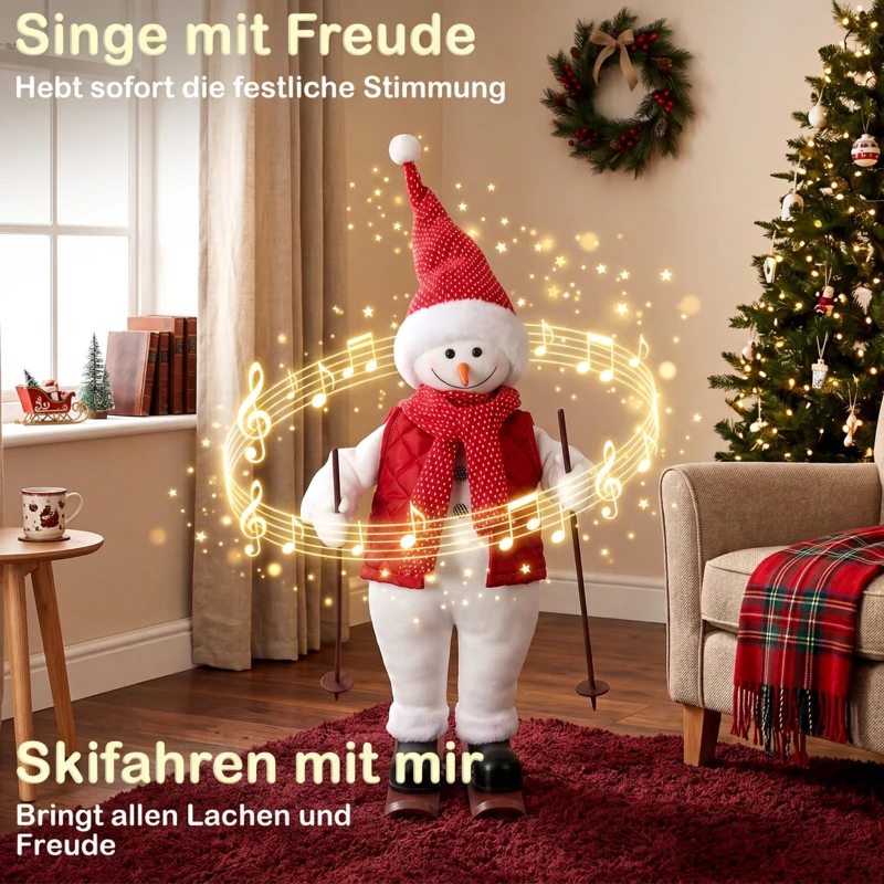 HOMCOM Singender Skifahrer-Weihnachtsmann, 65 cm, animierte Weihnachtsfigur mit Skiern, Stöcken und Sound-/Berührungsaktivierung