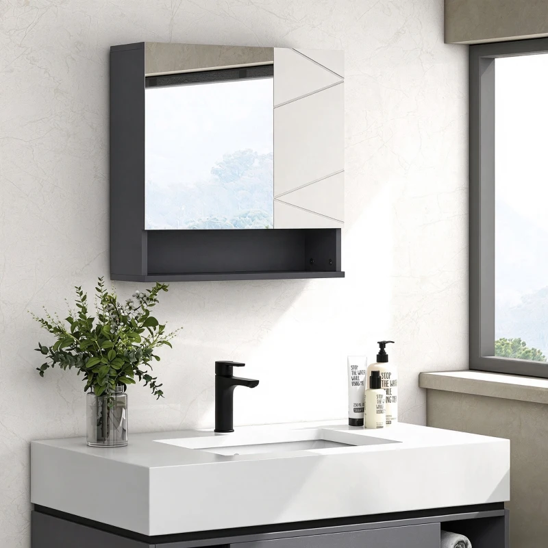 kleankin Armadietto con Specchiera Bagno a 2 Ante e Mensole Regolabili in Legno, 55x17x55cm, Grigio