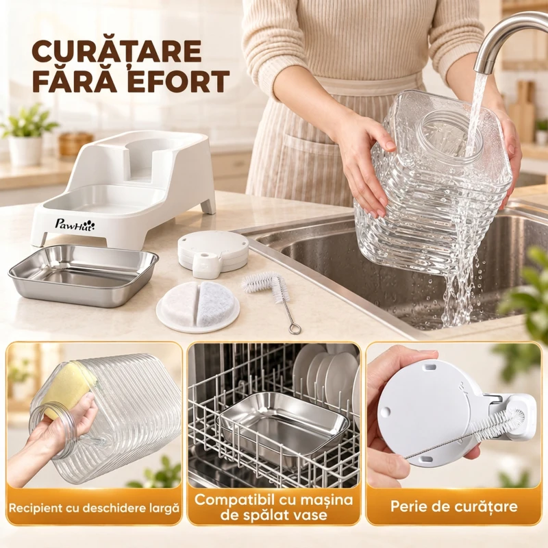PawHut distribuitor automat de apă cu gravitație 8 L pentru pisici și câini, cu bol din inox, alb
