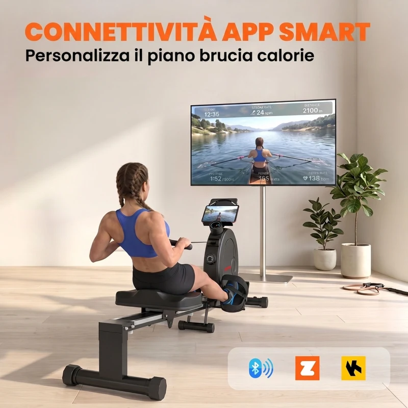 SPORTNOW Vogatore per Casa Pieghevole, APP Bluetooth, Guida Alluminio, Display LCD, Ruote, Salvaspazio, Max 120 kg