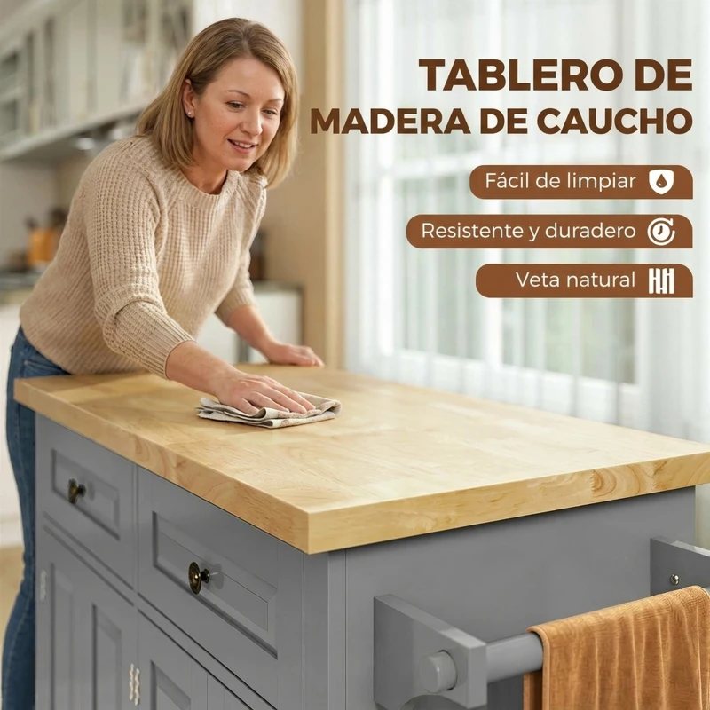 HOMCOM Isla de Cocina con Ruedas Mueble Auxiliar de Cocina con Especiero y Barra Lateral 111x44,5x82,5 cm Gris