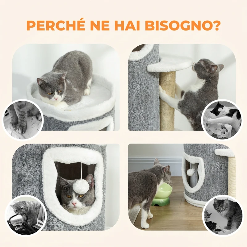 PawHut Tiragraffi per Gatti Multilivello con Palo Graffiato in Sisal, 3 Grotte, Cuccia, 3 Pompon, Piattaforme, Grigio