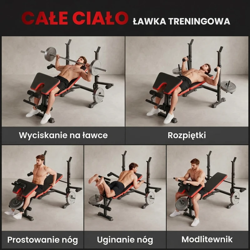 HOMCOM Ławka do ćwiczeń bez ciężarów, regulowana ławka fitness do różnych ćwiczeń, stacja treningowa, stal, plastik, Czarny+Czerwony