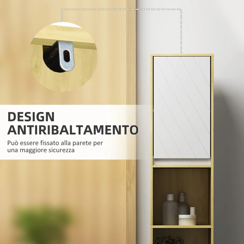 HOMCOM Mobile Colonna Bagno Salvaspazio in Legno con 2 Armadietti e Ripiani, 30x24x170 cm, Rovere e Bianco