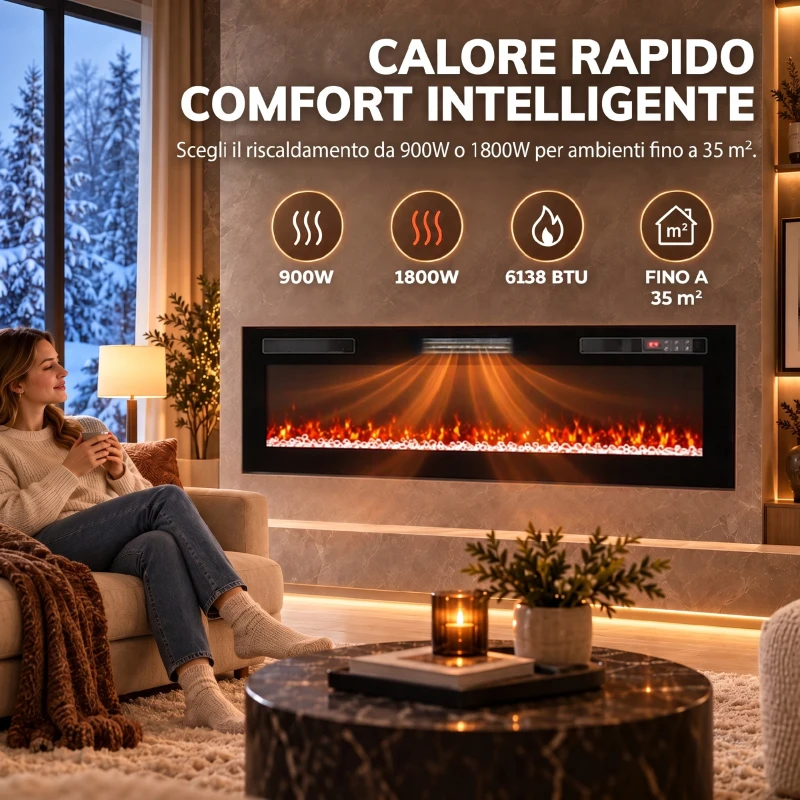 HOMCOM 173 cm Camino Elettrico da Incasso/Parete/Terra Ultrasottile 8.3 cm con Telecomando, 900/1800W, Timer, 35㎡ Nero