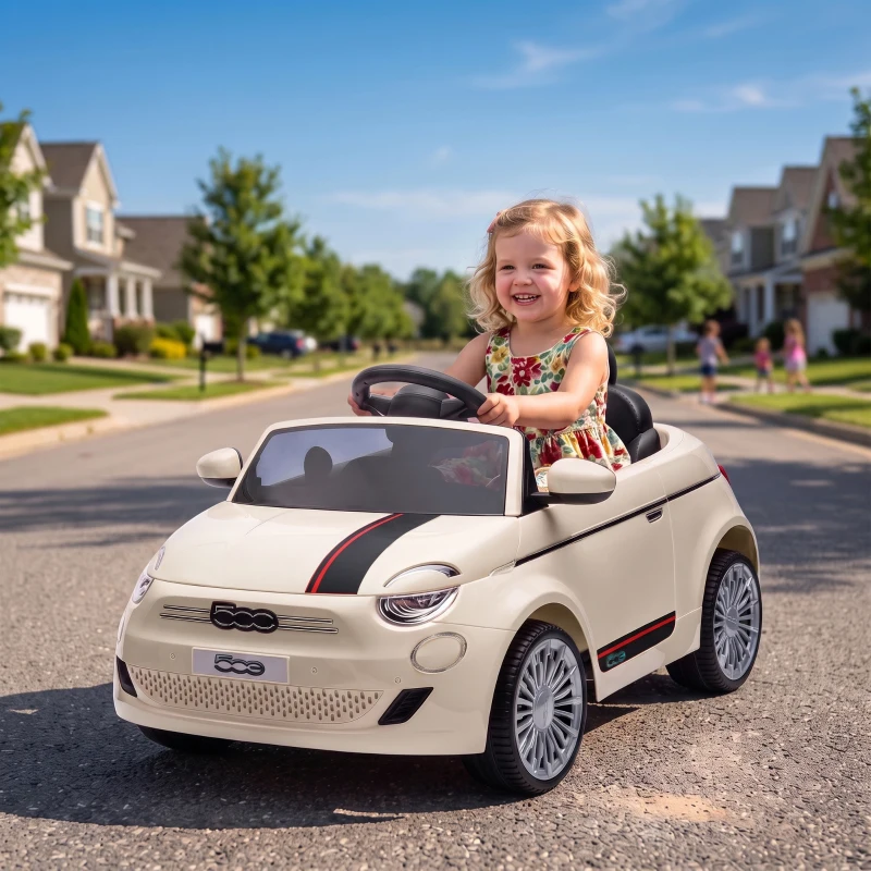AIYAPLAY Macchina Elettrica per Bambini 12V Fiat 500, Batteria al Litio, 2 Motori, Telecomando, 3-6 Anni, Crema
