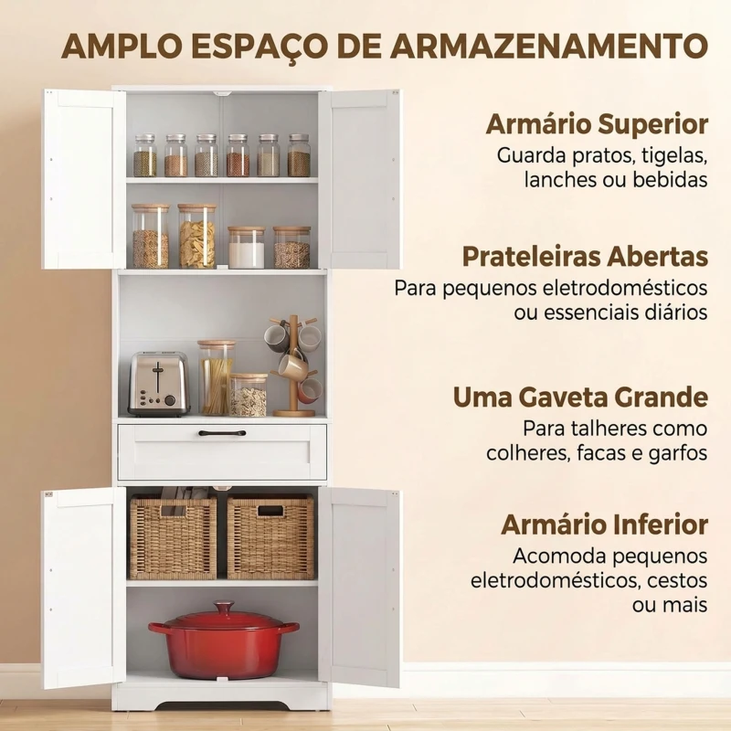 HOMCOM Armário Despenseiro de Cozinha 170 cm com Prateleiras Ajustáveis, Prateleira Aberta e Gaveta
